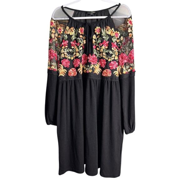 Boho Floral Embroidered Suzanne Betro Large Black Mesh Lace Flowy Blouson Dress - Picture 2 of 8